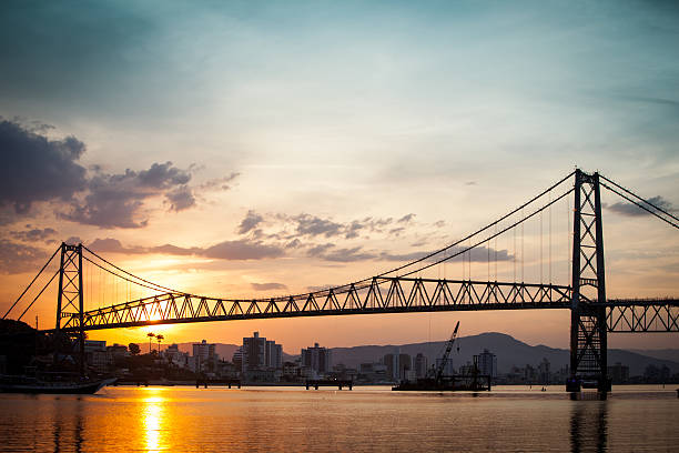 The Hercilio Luz Bridge, in Florianopolis, Brazil, with an amazing sunset.